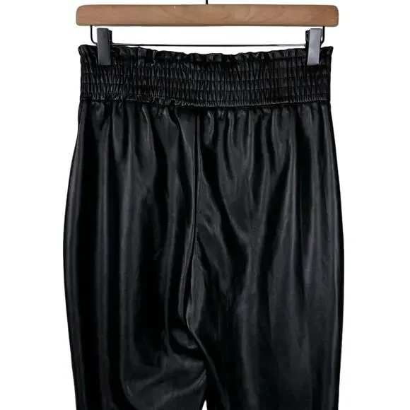 Joie Black Faux Leather High Smocked Waist Straight Leg Pull On Pants - Picture 3 of 6